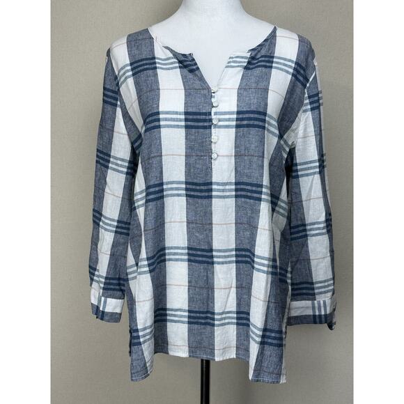 Liz Claiborne 3/4 Sleeve Tunic Blouse Top M Linen Cotton Blend Blue White Plaid - Picture 1 of 15